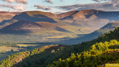 View of mountains, valleys and trees in Scotland in the sunshine (c) Pete Quinn
