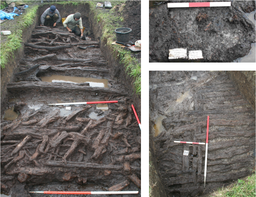 Image: Wooden floor of an Iron Age roundhouse revealed in excavations at Glastonbury lake Village (left); Excavation of a sequence of collapsed wooden palisades at the perimeter of the Glastonbury Lake Village (top right); Sampling of sequential floor deposits from an Iron Age roundhouse, with three wall stakes of the building visible near the top of the image (bottom right) © South West Heritage Trust. 
