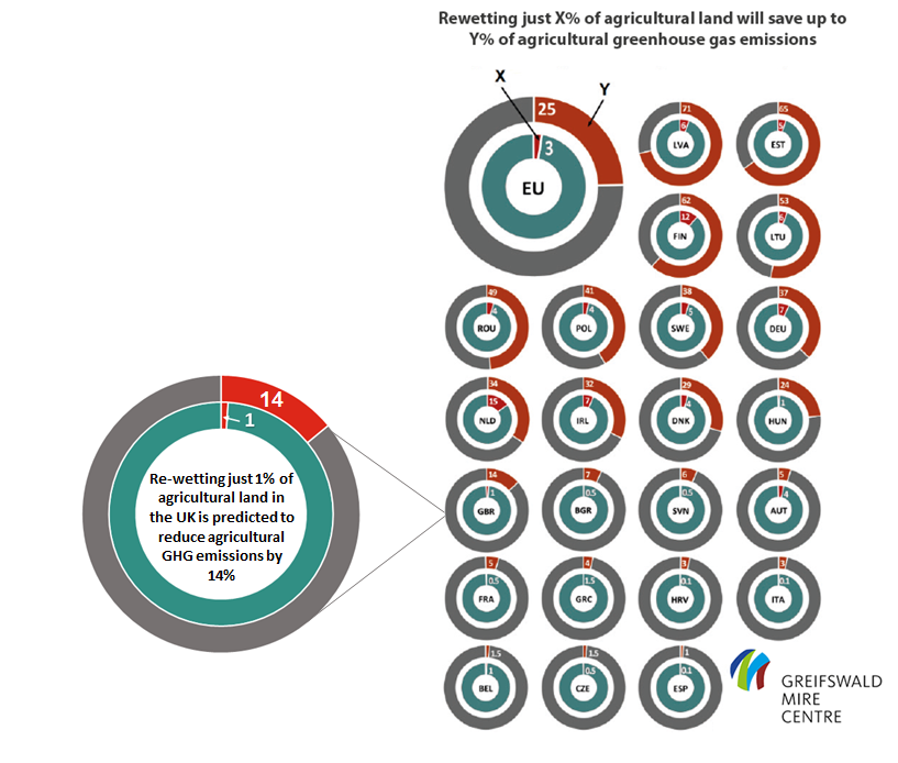 Percentage of agricultural land that needs to be rewetted (inner circle: EU-3%) in order to reduce agricultural greenhouse gas emissions (outer circle: EU-25%)