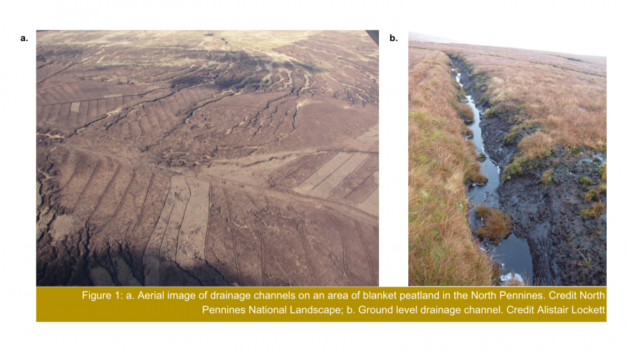 Left - Aerial image of drainage channels on an area of blanket peatland in the North Pennines. Right - Ground level drainage channel