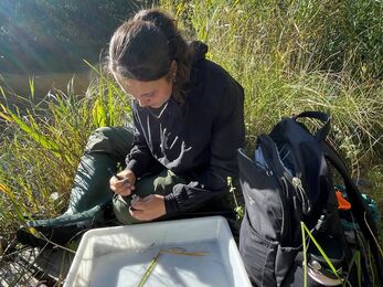 Person sat on the side of a canal labelling a water sample.