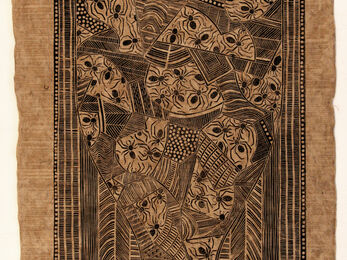 Linocut of spiders entering a funnel of geometric patterns.