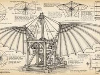 Drawing of a flying apparatus with wings supported by a wooden frame.