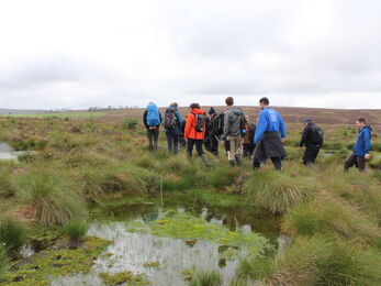 Group of people in outdoor clothing walking away from a bog pool filled with sphagnum.