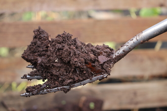 A garden fork with compost on it