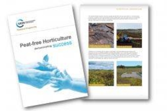 Front cover of Peat-free horticulture demonstrating success report. Artwork shows adult hands holding a seedling growing in peat-free compost and a child's hands reaching out to hold it.