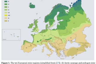 Figure 1. The ten European mire regions (simplified from [27]). (I) Arctic seepage and polygon mire  region, (II) palsa mire region, (III) northern fen region, (IV) typical raised bog region, (V) Atlantic bog  region, (VI) continental fen and bog region, (VII) nemoral-sub-meridional fen region, (VIII) Colchis  compound region.  Figure 1. The ten European mire regions (simplified from [27]). (I) Arctic seepage and polygon mire  region, (II) palsa mire region, (III) northern fen region, (IV) typical raised bo