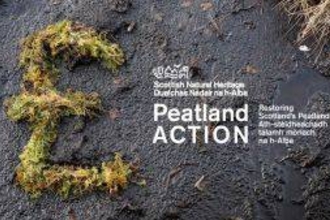 Bare peat with pound sterling symbol made out of sphagnum moss and the Scottish Natural Heritage Peatland ACTION logo