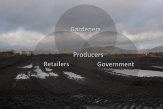 Infographic. Image of vast peat cutting site with cycle graphic and the text showing the relationship of producers as central to the overlapping relationships between gardeners, retailers and Government.