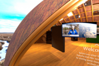 Entrance to the virtual peatland pavilion. Foreground shows the a view into the wooden dome entrance of the peatland pavilion. To the left of the dome a peak view of a peatland bog pool landscape is visible. 