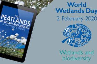 World wetlands day logo and mobile device with front cover of Clifton Bain's The Peatlands of Britain and Ireland