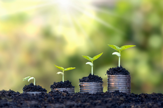 Seedlings growing on top of four piles of coins of different amounts