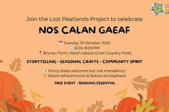 Flyer for Nos Calan Gaeaf, featuring the Lost Peatlands Project logo and a bottom border of pumpkins and autumn leaves