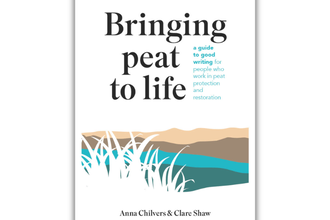 Front cover of Bringing Peat to Life, showing a graphic of a peatland landscapes in blues and browns with sedge-like vegetation in the foreground.