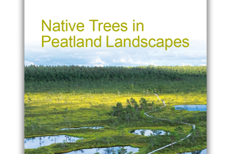Front cover of Native Trees in Peatland Landscapes, featuring the IUCN UK Peatland Programme and National Trust logos and a picture of an Estonian bog with large pools of water and scattered trees.