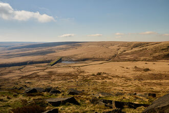 Peatland landscape with rolling hills and clouds dotted across a blue sky.