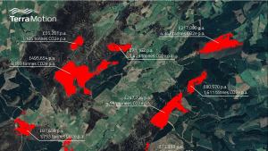 A detail from the map indicating areas of the highest carbon potential (in red) derived from the peat motion map covering the period 2016-21.  Potential carbon savings and their market value per annum are indicated for the different areas highlighted.