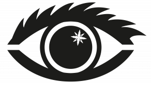Black graphic of an eye with a twinkle in it shaped like a piece of Sphagnum moss, with the words 'EYES ON THE BOG' below it