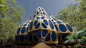 Exterior view of Virtual Peatlands Pavilion showing four large domes in a peat swamp forest