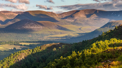 A view of mountains, valleys and trees in the sunshine