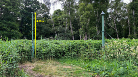 Two green metal posts sticking out of the ground in a woodland clearing. One is labelled as being 4.25m above the surface.