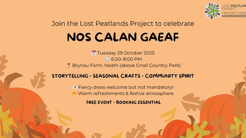 Flyer for Nos Calan Gaeaf, featuring the Lost Peatlands Project logo and a bottom border of pumpkins and autumn leaves