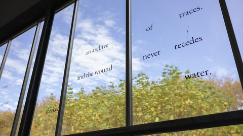 Scattered words on a glasshouse window. Outside the window is a blue sky with fluffy white clouds and trees in early autumn colours of pale green, yellow and orange.