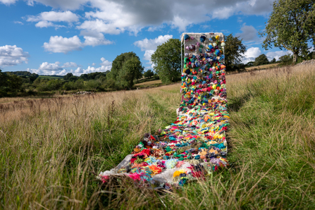 A carpet made out of moss-inspired pompoms and textile tufts sits in a field