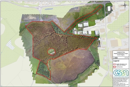 Aerial map showing the main bog at Langlands, conifers to be removed and woodland to be retained