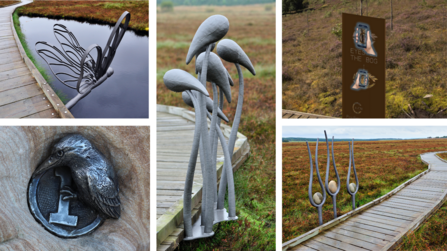 Examples of artistic engagement in peatlands including metal sculptures along boardwalks