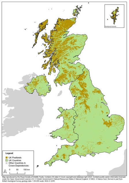 Map showing estimated distribution of peatlands across the UK