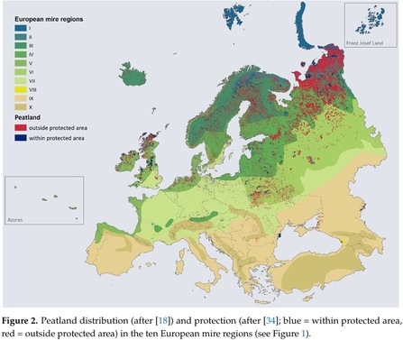 Mires in Europe - Regional Diversity, Condition and Protection - Figure 2 - Franziska Tanneberger et al 2021. Peatland distribution (after [18]) and protection (after [34]; blue = within protected area, Figure 2. Peatland distribution (after [18]) and protection (after [34]; blue = within protected area, red = outside protected area) in the ten European mire regions (see Figure 1).