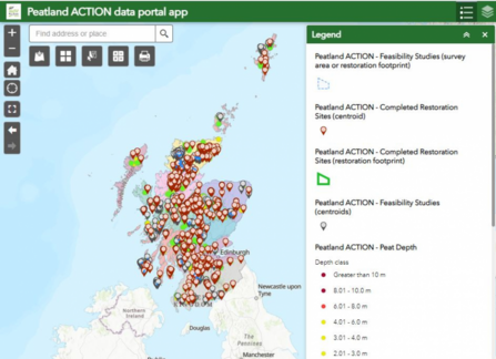 Screen grab of a sample page of the NatureScot Peatland ACTION spatial data mapping portal.