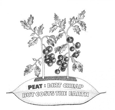 Artwork (black sketch) showing tomato plants growing out of a bog of compost with the words saying Peat: Dirt cheap but costs the earth.