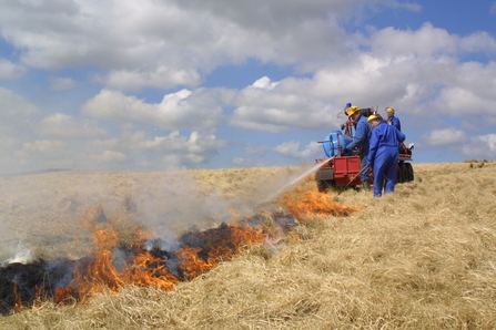 Three people setting a line of fire from a truck on moorland