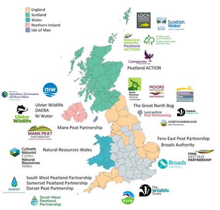 Map of the UK showing the names and logos of different organisations involved in peatland restoration and their locations.