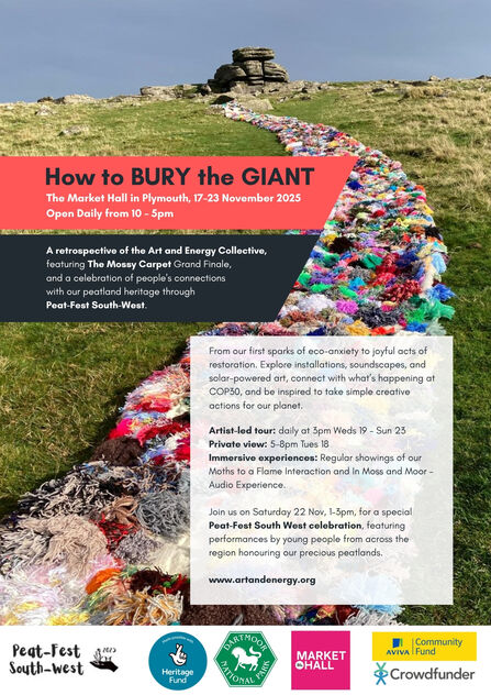 A long carpet made of mossy pompoms stretched across a moorland landscape with a tor in the distance.