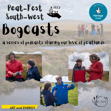 Flyer for Peat-Fest South-West Bogcasts, with a background image of a peatland overlain with images of people being interviewed.