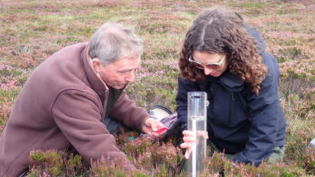 Two people kneeling in heather and using a peat penetrometer