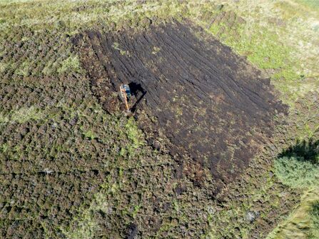 Aerial view of a stump-flipping machine on a patch of flat, open ground.