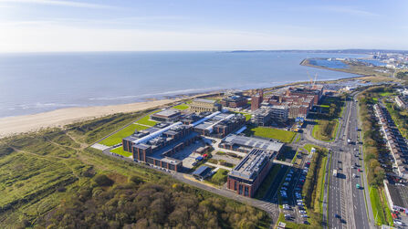 Aerial view of a group of buildings between the sea and a road.