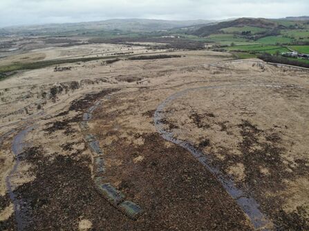 Aerial view of contour bunding installed on Cors Caron North East Bog
