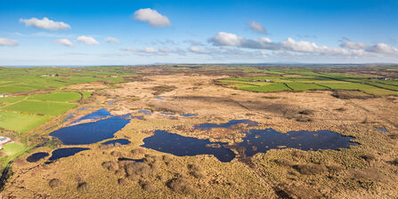 Aerial view of a large area of peatland restoration with large bog pools surrounded by agricultural fields.