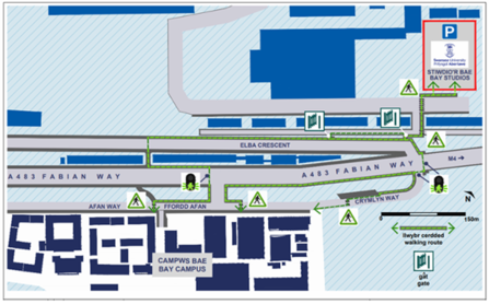 Route from Bay Studios Car Park to Campus