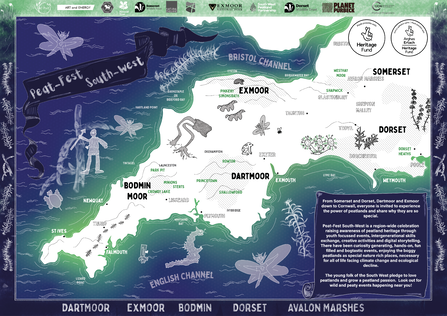 Map of South West England showing different peatland areas and graphics of the people and wildlife found there.