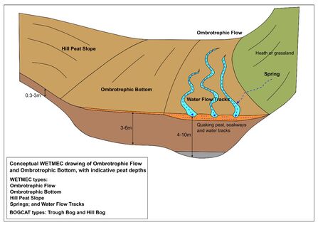 Diagram of peat layer formed on a flat to gentle slope with water flow tracks and surrounding hill peat slope and steep slope with heath or grassland.
