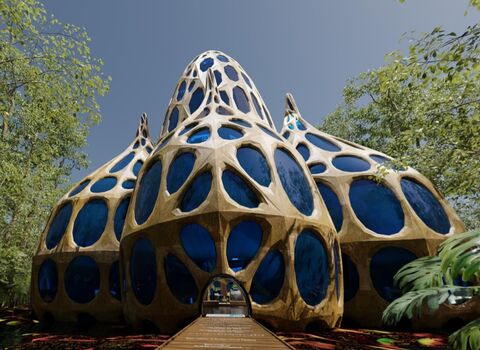 Exterior view of Virtual Peatlands Pavilion showing four large domes in a peat swamp forest