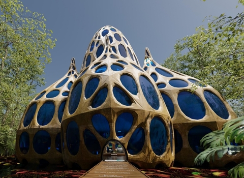 Domed building with a boardwalk leading up to it and surrounded by trees and shrubs