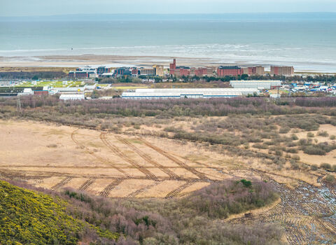Arial view of Crymlyn Bog in South Wales, showing the Tennant Canal a short distance from Swansea University Bay Campus. 